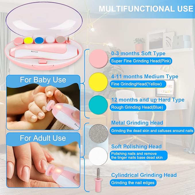 Baby Nail Trimmer/ Children's Electric Nail Trimmer, Safe Nail Clipper and File Set with 5 Replacement Heads, Trimming Polishing Beauty Kit, Multicolor.