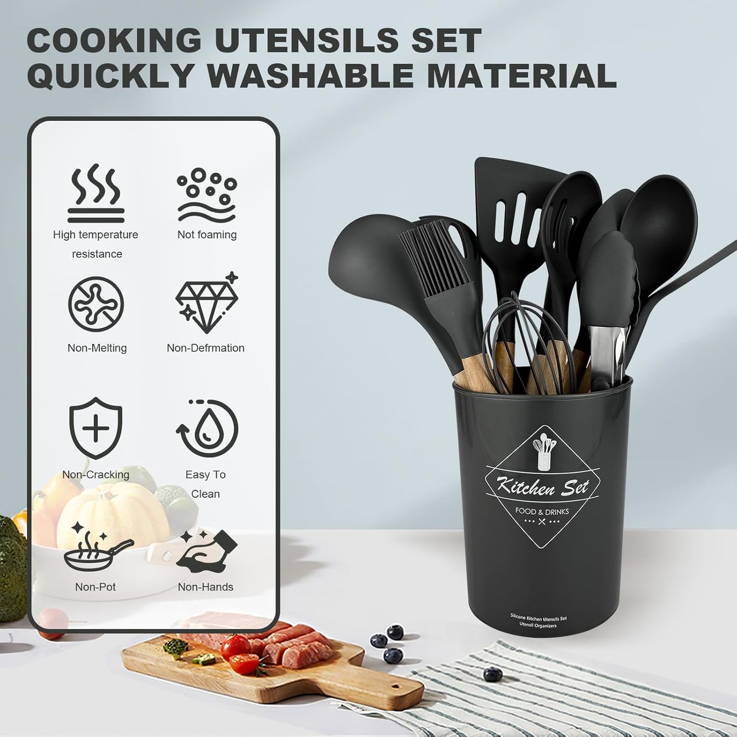 12 Pcs Cooking Utensils Set/ 12 pcs Silicone Cooking Utensils Kitchen Utensil Set with Holder Heat Resistant Silicone Spatula Turner Set Wooden Spoons Kitchen Gadgets Tools Cooking Utensils for Nonstick Cookware, Multicolor.