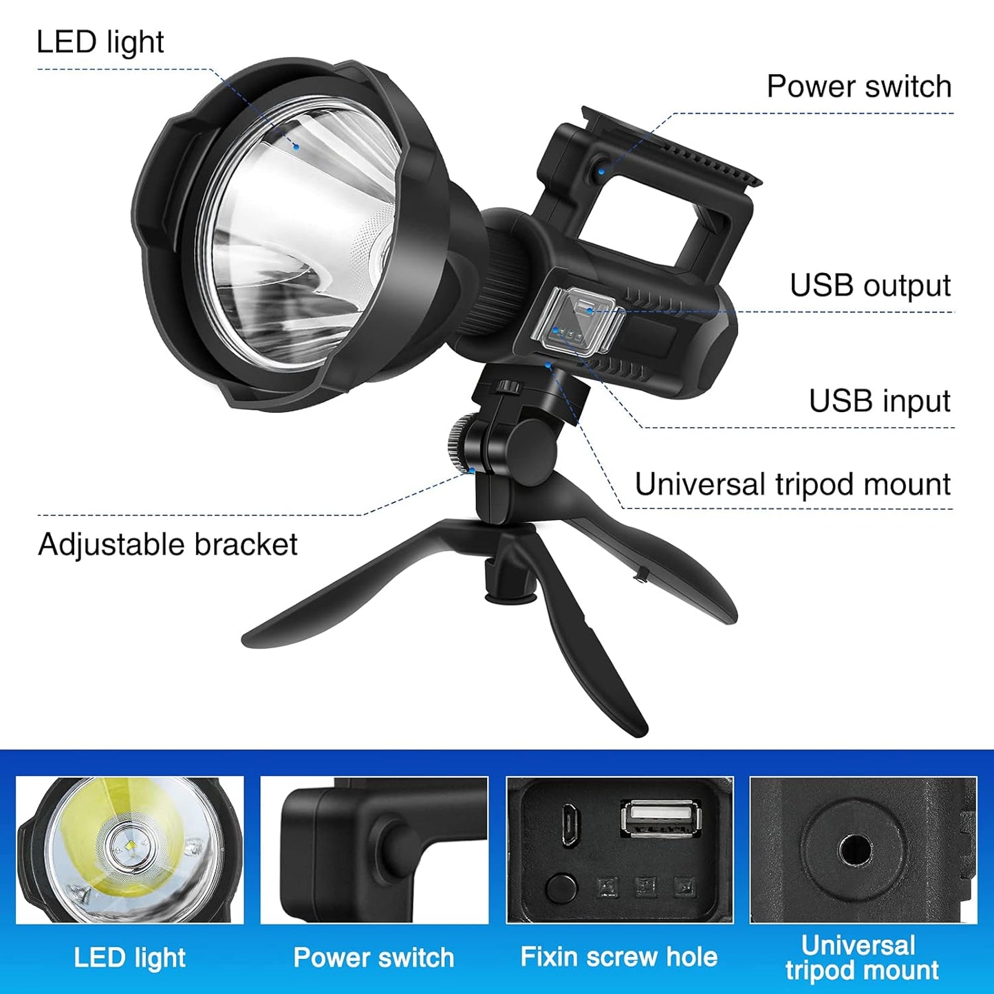 Portable LED Flashlight/ Rechargeable 4 Modes Waterproof Large Searchlight for Camping,Fishing with USB Output and Foldable Tripod, Multicolor.