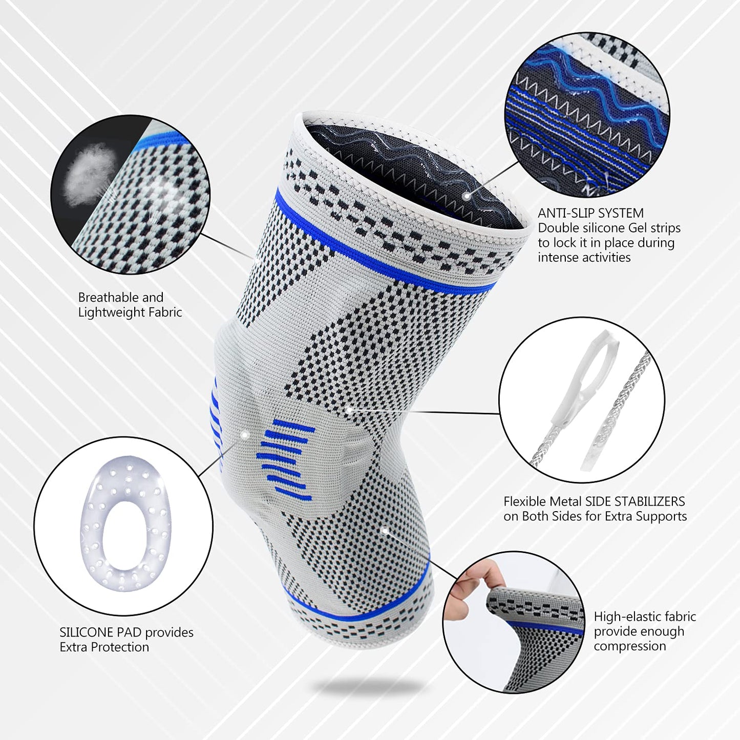 Knee Supporter/ Anti Slip Knee Brace Compression Sleeve with Patella Gel Pads & Side Stabilizers for Running,Meniscus Tear,Arthritis,Joint Pain Relief, Multicolor.