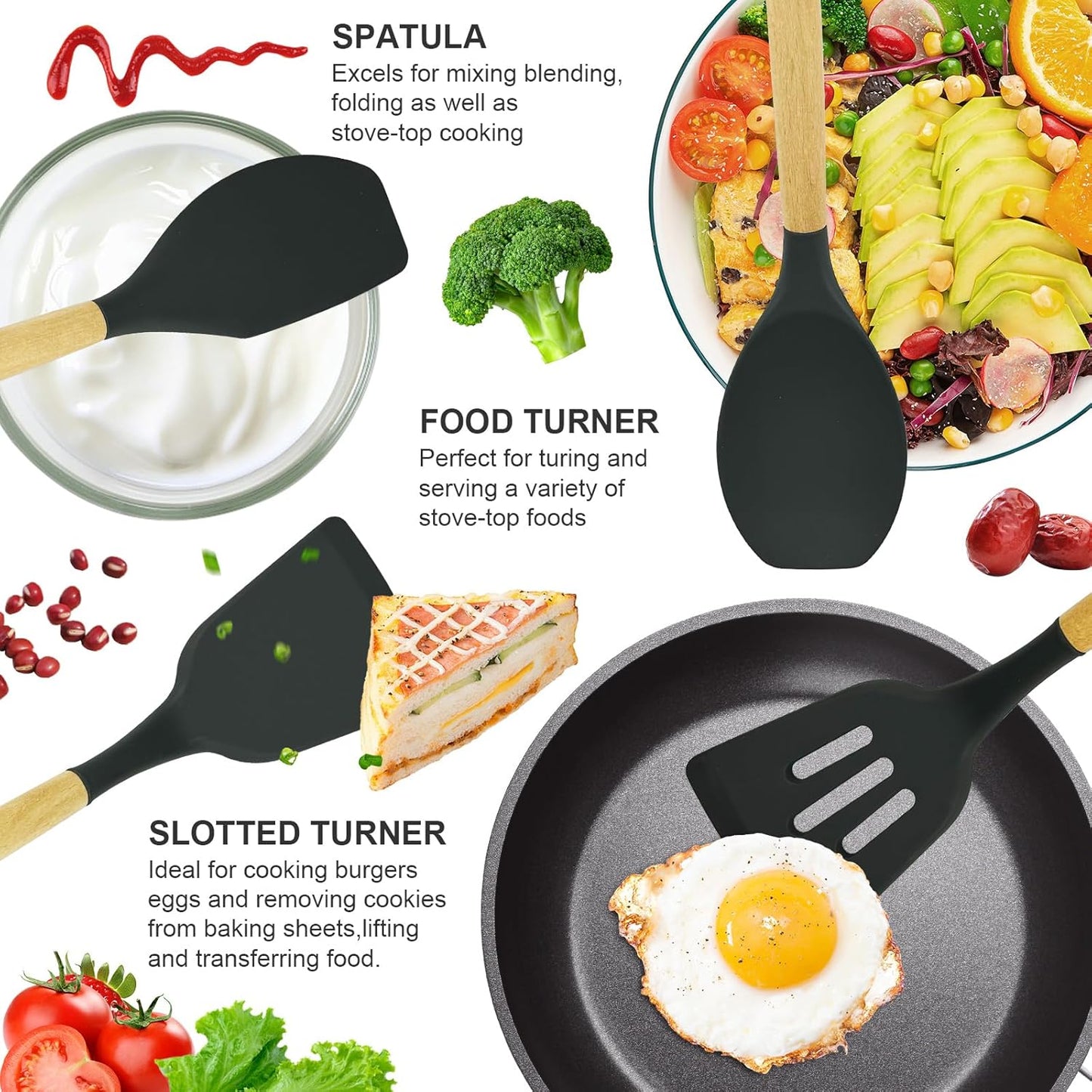 12 Pcs Cooking Utensils Set/ 12 pcs Silicone Cooking Utensils Kitchen Utensil Set with Holder Heat Resistant Silicone Spatula Turner Set Wooden Spoons Kitchen Gadgets Tools Cooking Utensils for Nonstick Cookware, Multicolor.