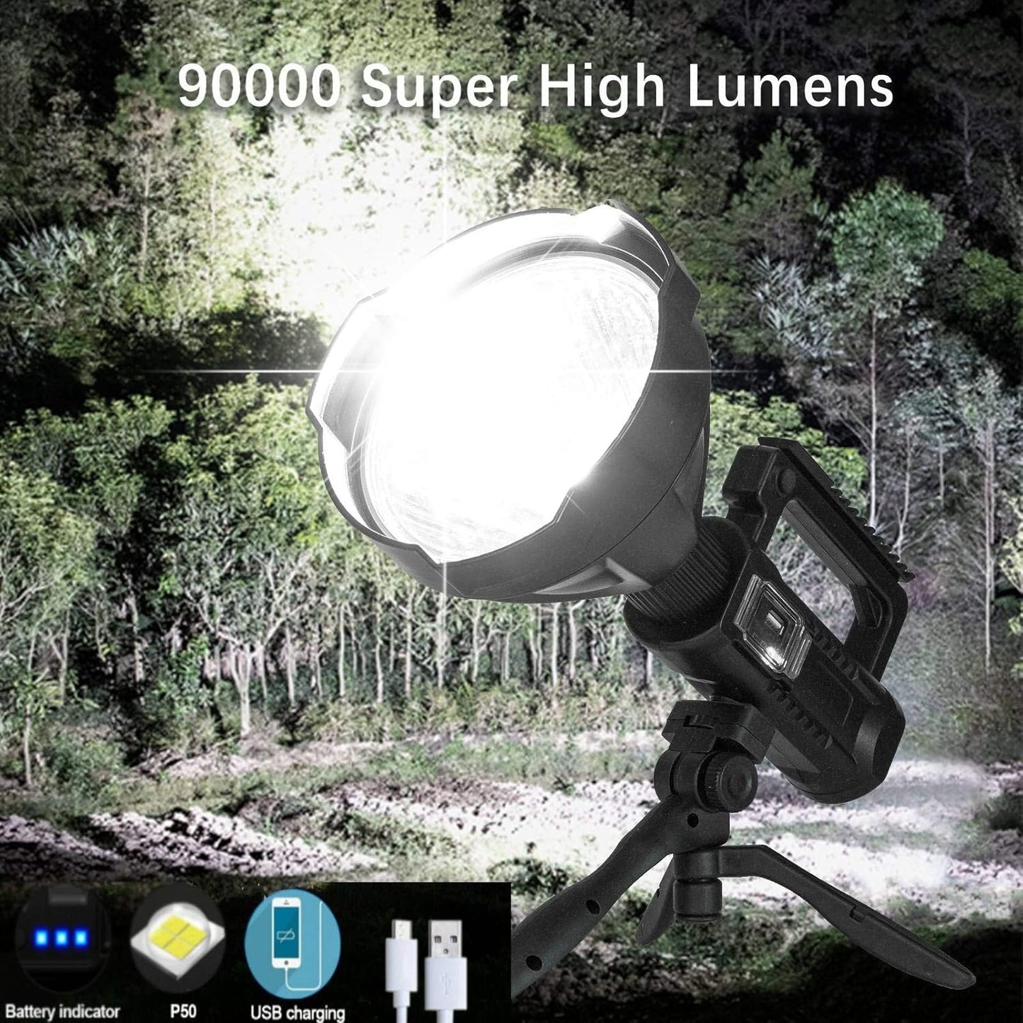 Portable LED Flashlight/ Rechargeable 4 Modes Waterproof Large Searchlight for Camping,Fishing with USB Output and Foldable Tripod, Multicolor.