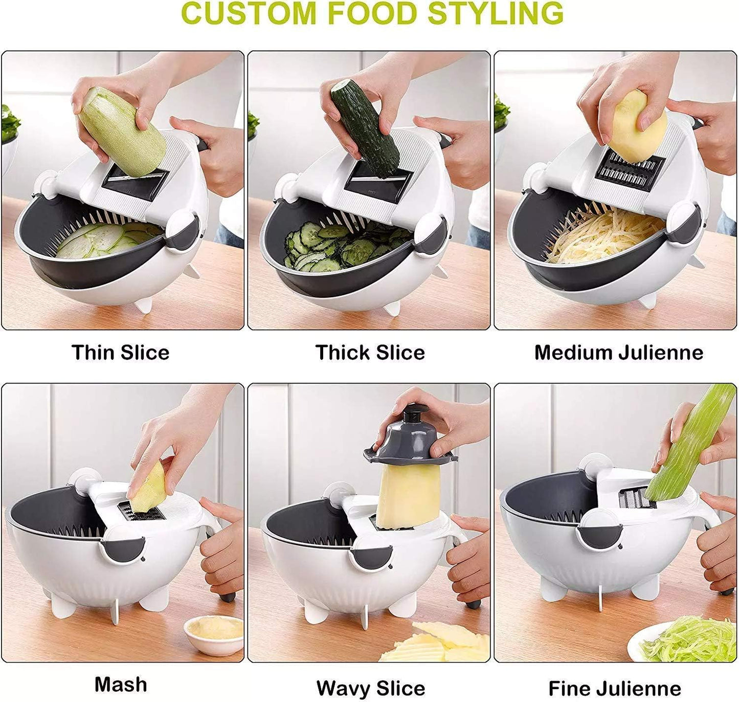 Multi-functional Vegetable Cutter/  Multifunctional Vegetable Fruits Cutter, Slicer Shredder with Rotating Drain Basket, Space-Saving Storage,Easy to Clean, Removeable Parts, Multicolor.