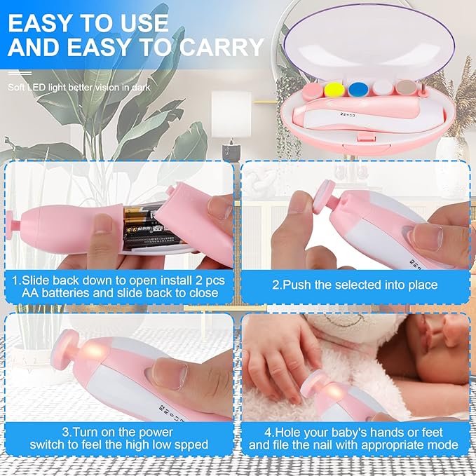 Baby Nail Trimmer/ Children's Electric Nail Trimmer, Safe Nail Clipper and File Set with 5 Replacement Heads, Trimming Polishing Beauty Kit, Multicolor.
