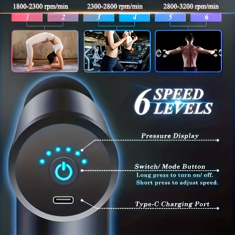 Muscle Massage Gun with 4 Heads FH-820, Portable Massage Gun for Body, Back and Neck with Mini Elegant Design. Rechargeable Lithium Battery, Multicolor.