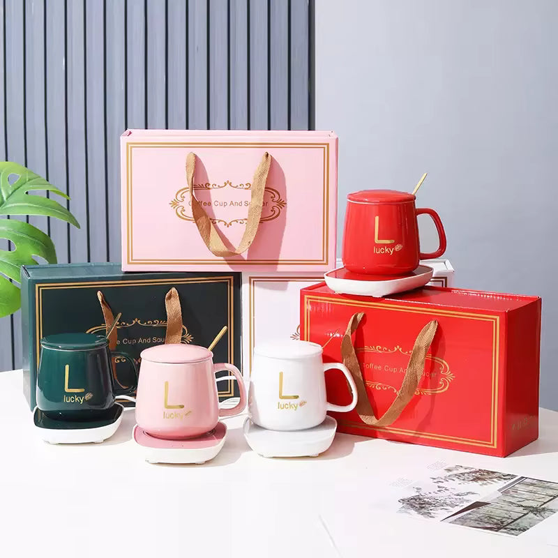 Electric Coffee Warmer/ Smart Coffee Cup Set with Electric Warmer, USB-Powered Ceramic Mug with Coaster White and Green Green Thermostatic Cup + Gift Box, Multicolor.