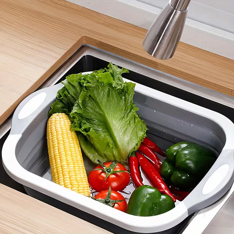 4-In-1 Multi-Board Basket/ Folding Vegetable Basket Strainer Wash and Drain Dish Tub Collapsible Dishpan with Draining Plug, Multicolor.