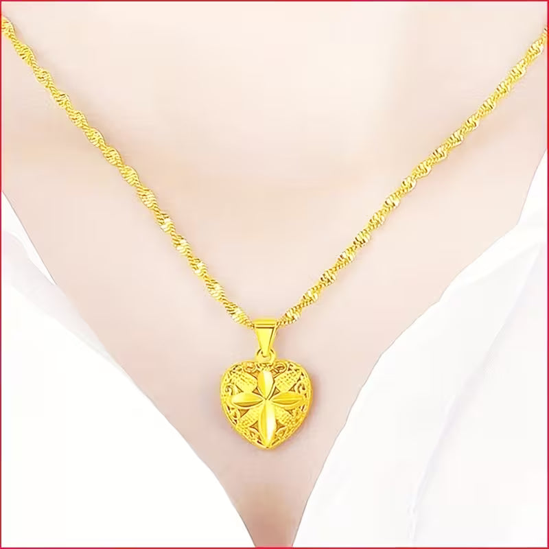 Gold Heart Necklace for Women/ Classic Double-Sided Heart Pendant Necklace for Women, Elegant Wave Chain with Hollow Love Charm, Casual Holiday Party Accessory Gift for Girlfriend or Best Friend.