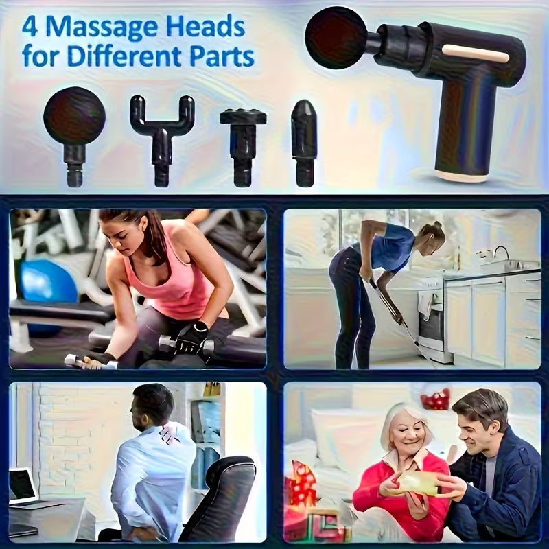 Muscle Massage Gun with 4 Heads FH-820, Portable Massage Gun for Body, Back and Neck with Mini Elegant Design. Rechargeable Lithium Battery, Multicolor.