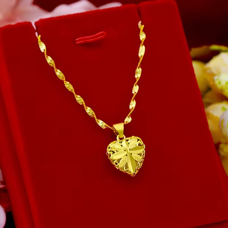 Gold Heart Necklace for Women/ Classic Double-Sided Heart Pendant Necklace for Women, Elegant Wave Chain with Hollow Love Charm, Casual Holiday Party Accessory Gift for Girlfriend or Best Friend.