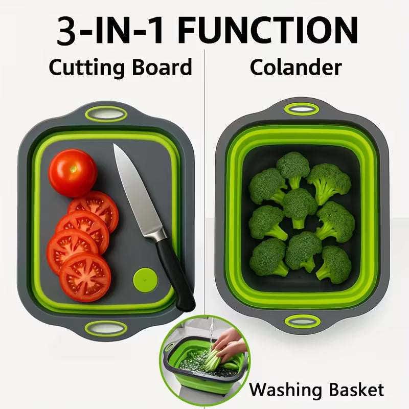 4-In-1 Multi-Board Basket/ Folding Vegetable Basket Strainer Wash and Drain Dish Tub Collapsible Dishpan with Draining Plug, Multicolor.