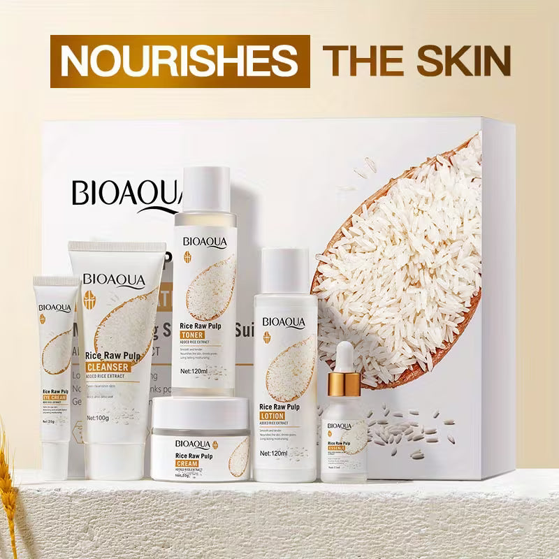 Bioaqua 6pcs Skincare Set, Rice Puree Care Set, Women's and s' moisturizing facial Light Beige care gift set, Hypoallergenic, Cleansing and Moisturizing, Moisturizing, Gentle Formula, Rich Foam, Deep Cleansing, Moisturizing.