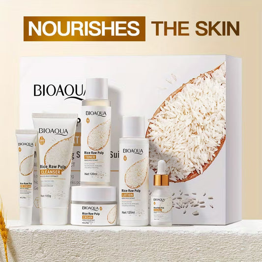 Bioaqua 6pcs Skincare Set, Rice Puree Care Set, Women's and s' moisturizing facial Light Beige care gift set, Hypoallergenic, Cleansing and Moisturizing, Moisturizing, Gentle Formula, Rich Foam, Deep Cleansing, Moisturizing.